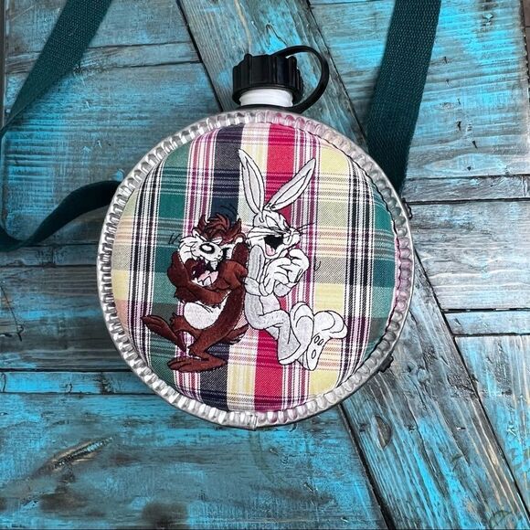 Vintage 90s Looney Tunes Bugs Bunny & Taz Plaid Water Canteen - Picture 3 of 9